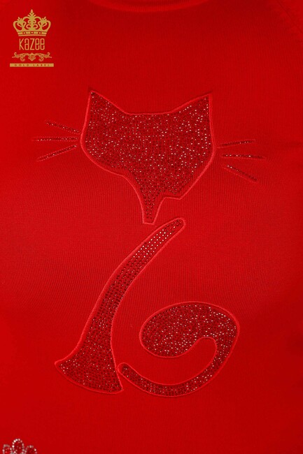 Women's Knitwear Sweater Cat Patterned Red - 15279 | KAZEE - Thumbnail