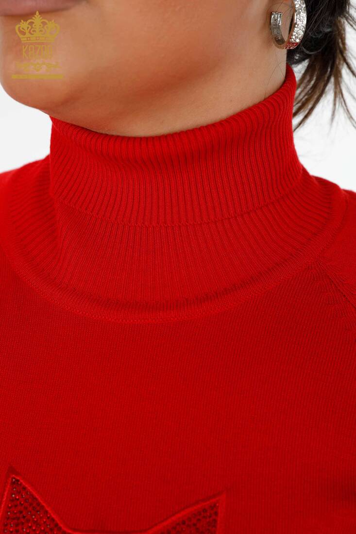 Women's Knitwear Sweater Cat Patterned Red - 15279 | KAZEE
