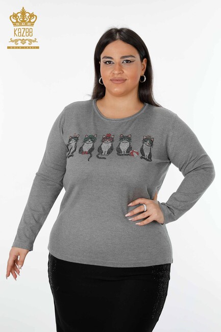 Women's Knitwear Sweater Colored Stone Embroidered Gray - 15999 | KAZEE - Thumbnail