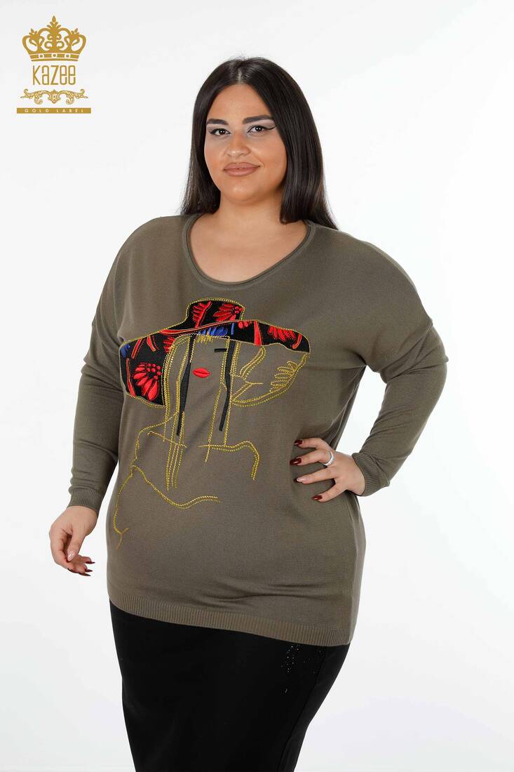 Women's Knitwear Sweater Colored Crystal Stone Embroidered Khaki - 16126 | KAZEE
