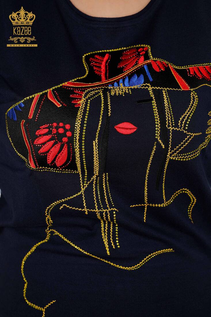 Women's Knitwear Sweater Colored Crystal Stone Embroidered Navy - 16126 | KAZEE