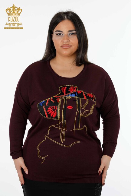 Women's Knitwear Sweater Colored Crystal Stone Embroidered Plum - 16126 | KAZEE - Thumbnail