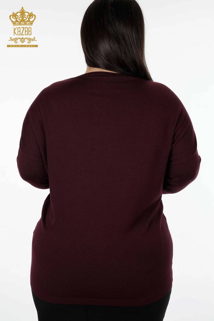 Women's Knitwear Sweater Colored Crystal Stone Embroidered Plum - 16126 | KAZEE