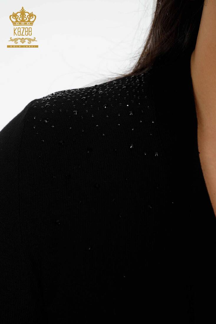 Women's Knitwear Sweater Crystal Stone Embroidered Black - 12882 | KAZEE