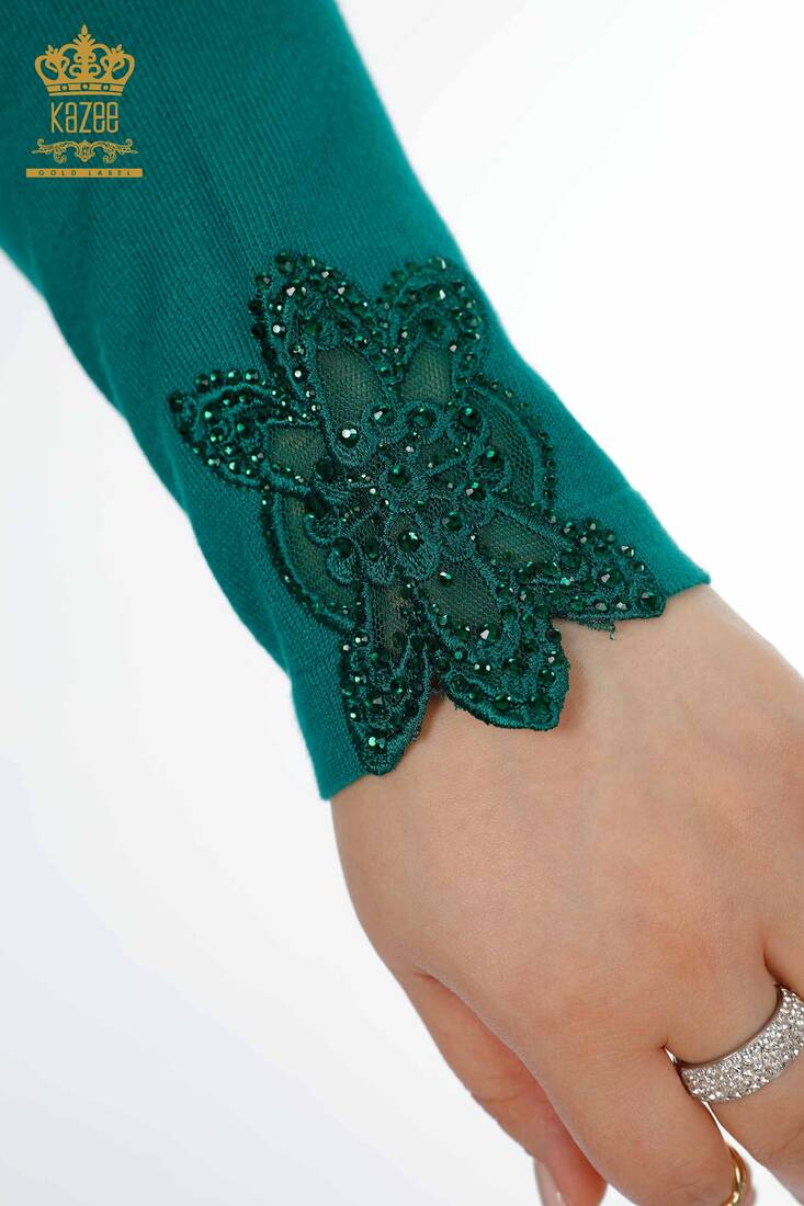 Women's Knitwear Sweater Green With Crystal Stones - 14473 | KAZEE