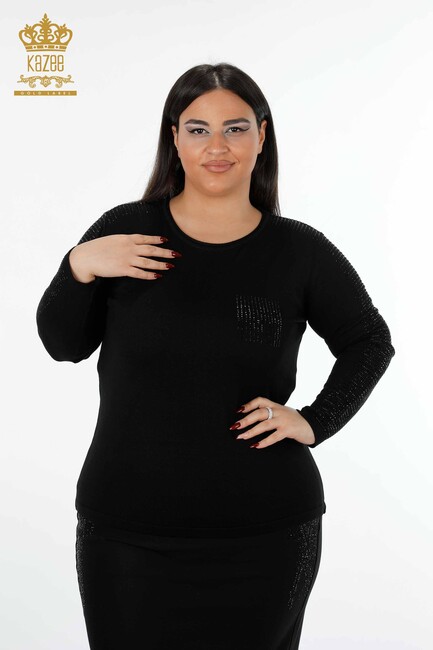 Women's Knitwear Sweater Crystal Stripe Stone Embroidered Black - 15596 | KAZEE - Thumbnail