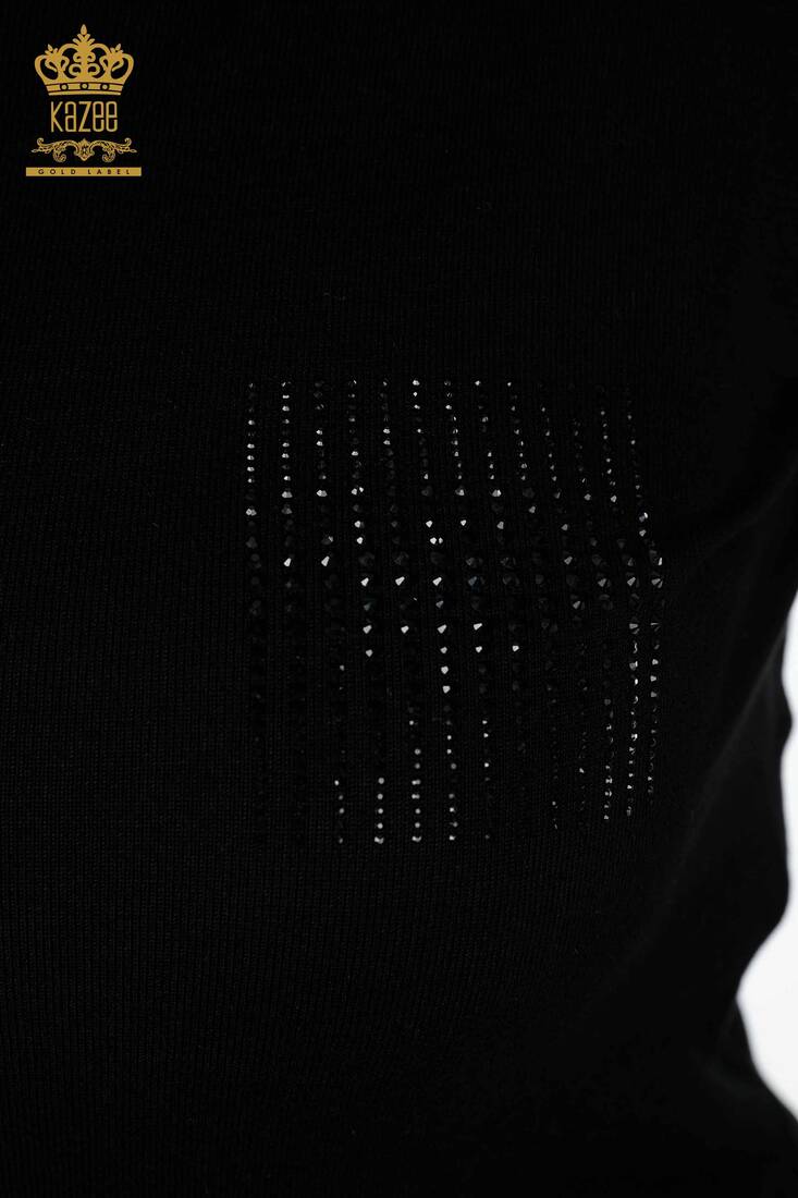 Women's Knitwear Sweater Crystal Stripe Stone Embroidered Black - 15596 | KAZEE