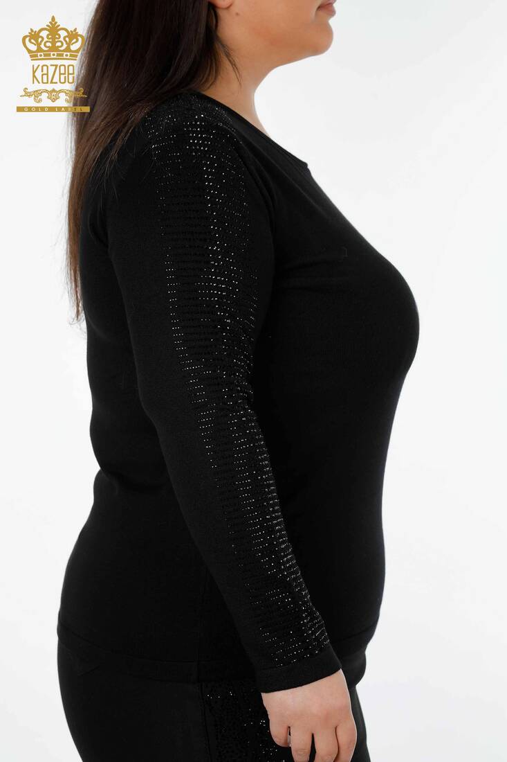 Women's Knitwear Sweater Crystal Stripe Stone Embroidered Black - 15596 | KAZEE