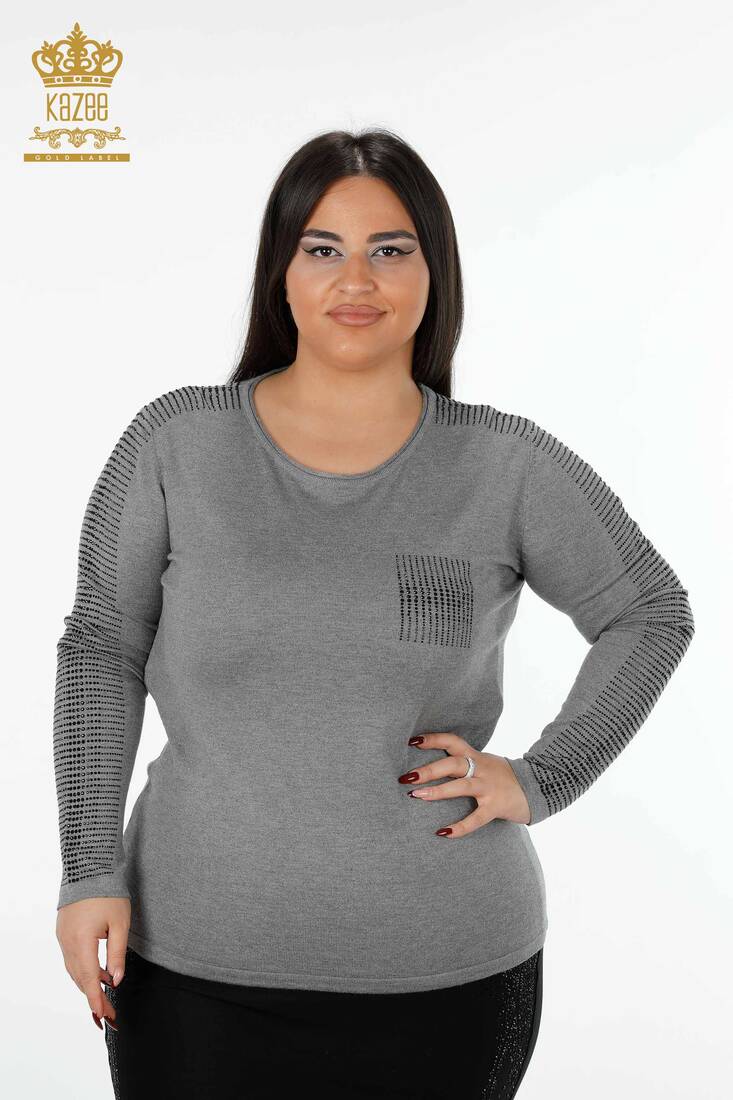 Women's Knitwear Sweater Crystal Stripe Stone Embroidered Gray - 15596 | KAZEE
