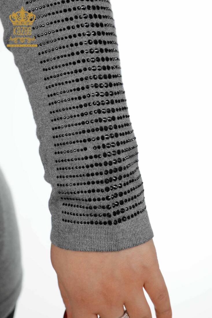Women's Knitwear Sweater Crystal Stripe Stone Embroidered Gray - 15596 | KAZEE
