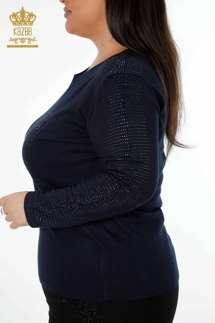 Women's Knitwear Sweater Crystal Stripe Stone Embroidered Navy Blue - 15596 | KAZEE