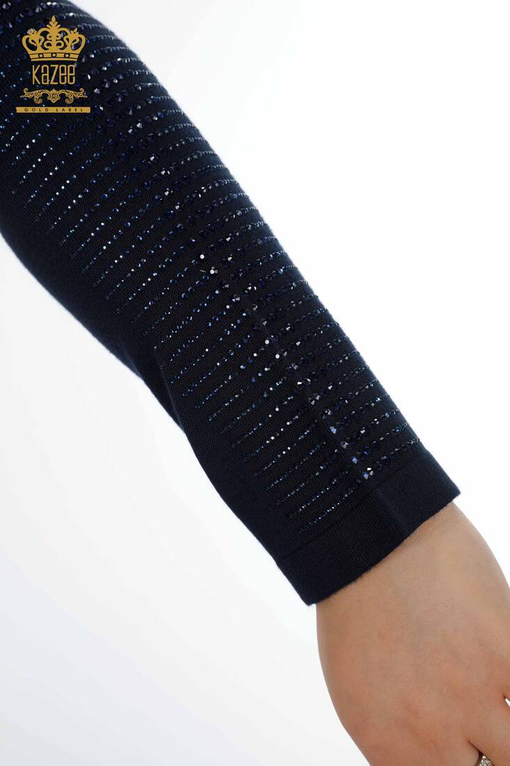 Women's Knitwear Sweater Crystal Stripe Stone Embroidered Navy Blue - 15596 | KAZEE