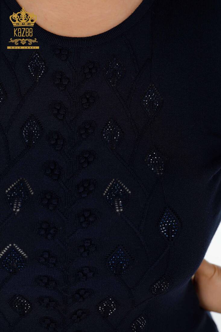 Women's Knitwear Sweater Embroidered Navy - 14747 | KAZEE