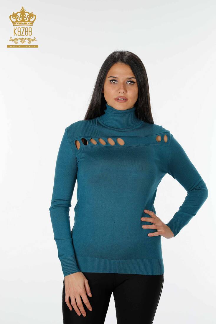 Women's Knitwear Sweater Turtleneck Petrol - 14053 | KAZEE