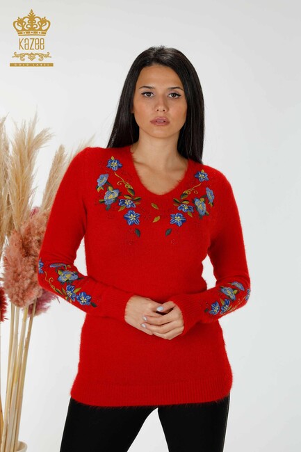 Women's Knitwear Sweater Red With Flower Embroidery - 18917 | KAZEE - Thumbnail