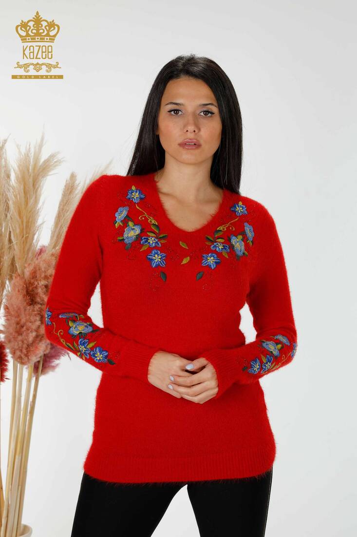 Women's Knitwear Sweater Red With Flower Embroidery - 18917 | KAZEE