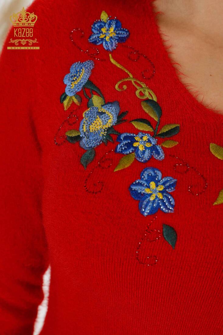 Women's Knitwear Sweater Red With Flower Embroidery - 18917 | KAZEE