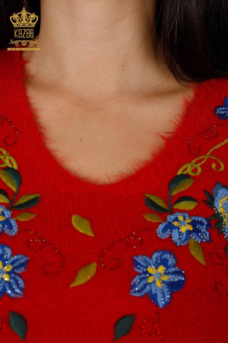 Women's Knitwear Sweater Red With Flower Embroidery - 18917 | KAZEE