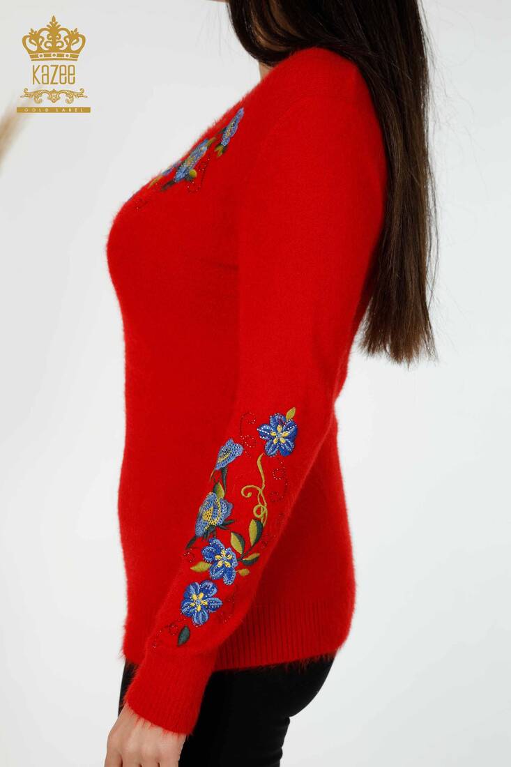 Women's Knitwear Sweater Red With Flower Embroidery - 18917 | KAZEE