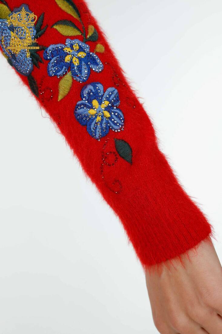Women's Knitwear Sweater Red With Flower Embroidery - 18917 | KAZEE