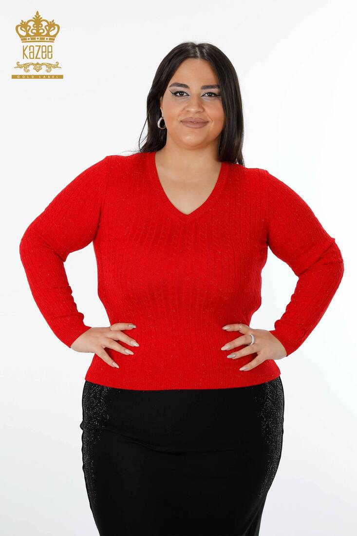 Women's Knitwear Sweater Glitter Detailed Red - 15200 | KAZEE
