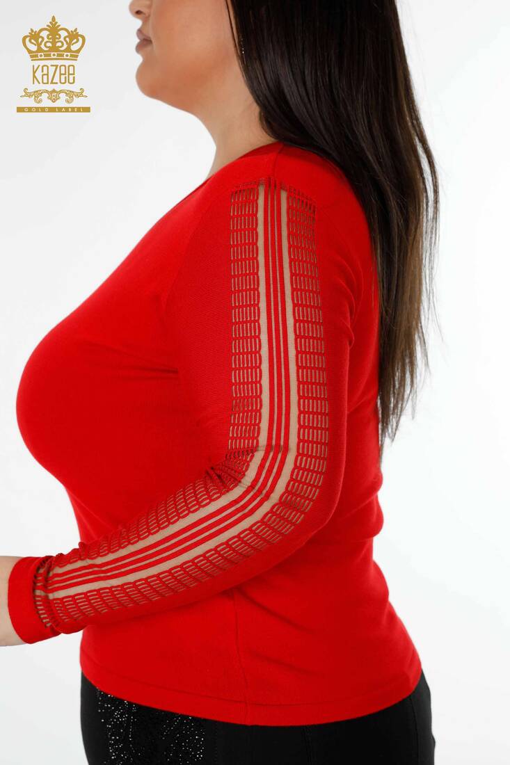 Women's Knitwear Sweater Sleeve Detailed Red - 15191 | KAZEE