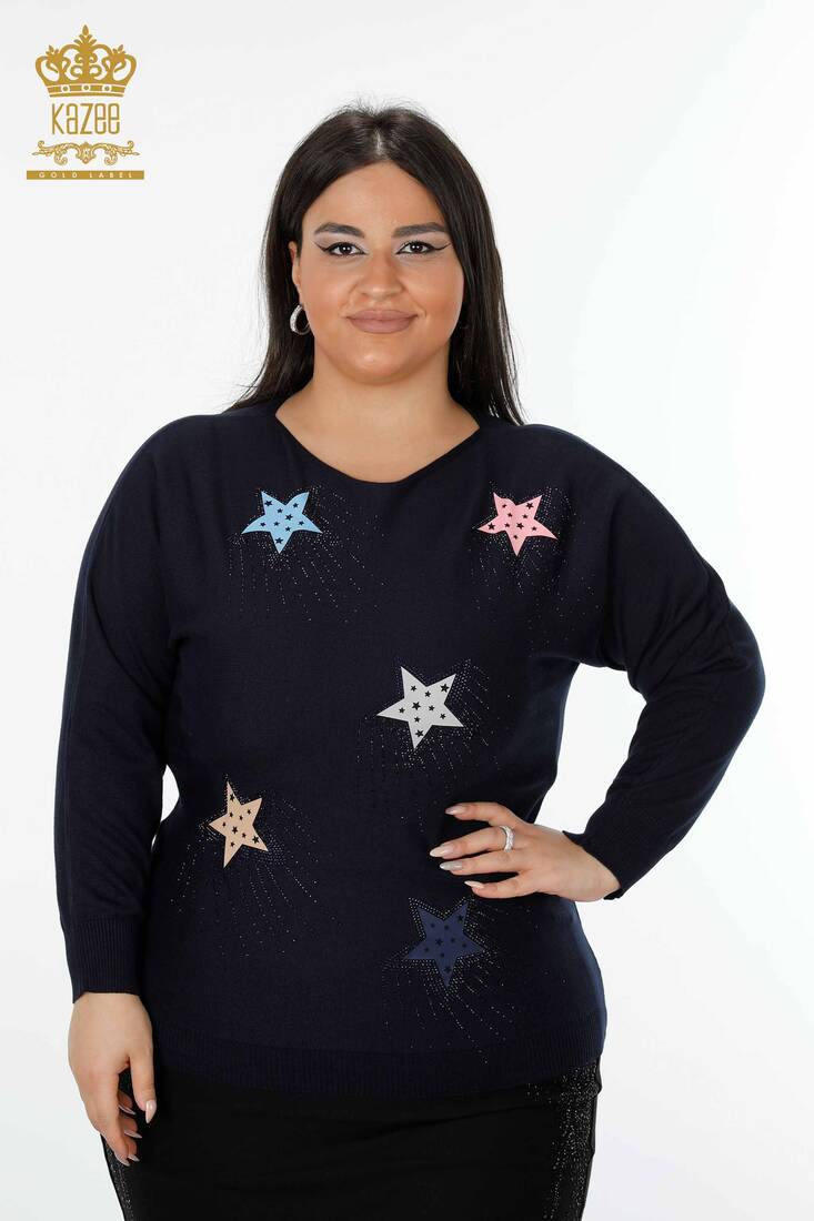 Women's Knitwear Sweater Star Patterned Navy - 15511 | KAZEE