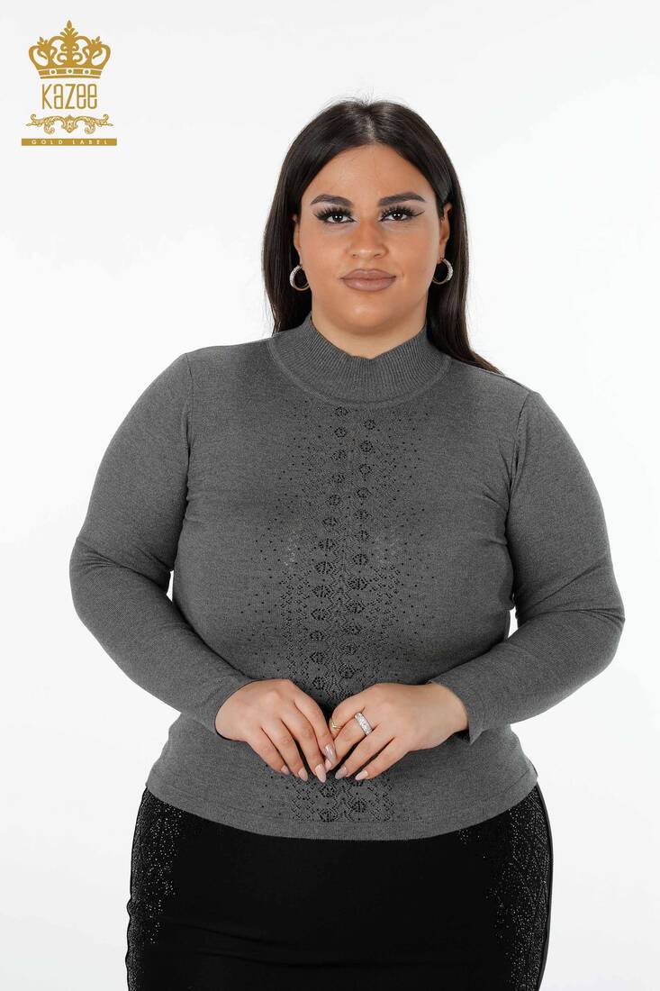 Women's Knitwear Sweater Stone Embroidered Anthracite - 14125 | KAZEE