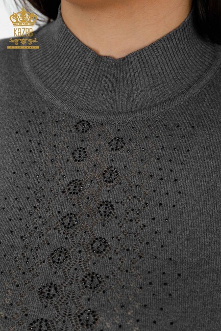 Women's Knitwear Sweater Stone Embroidered Anthracite - 14125 | KAZEE - Thumbnail