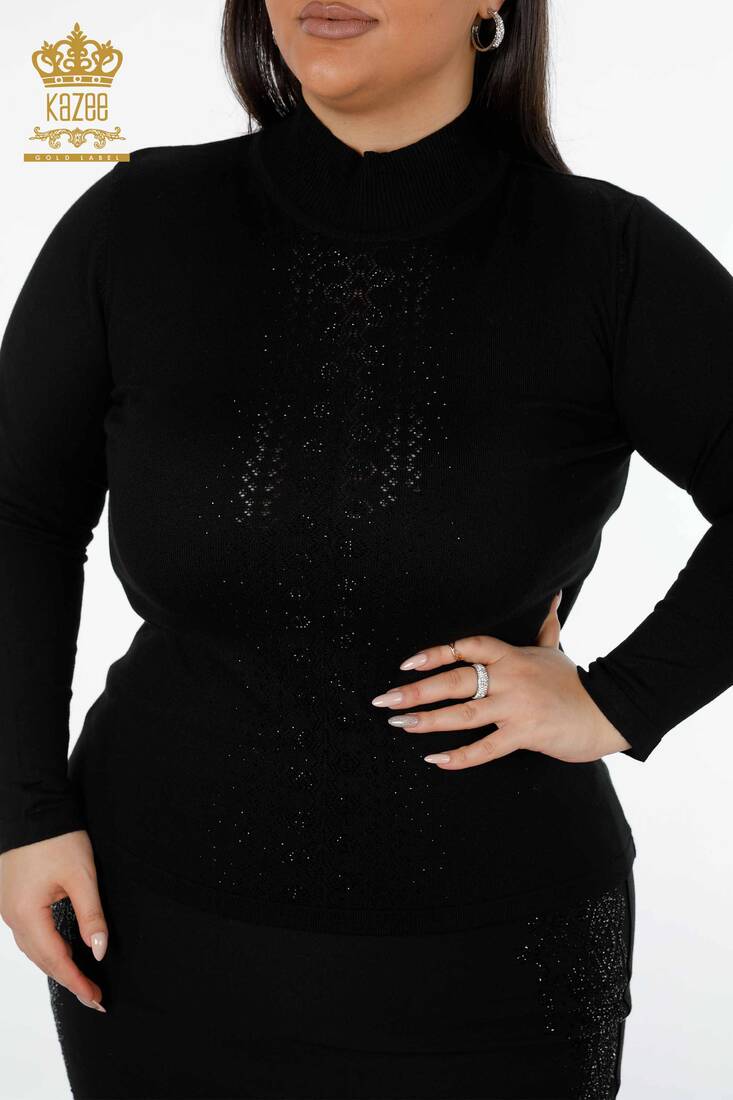 Women's Knitwear Sweater Stone Embroidered Black - 14125 | KAZEE