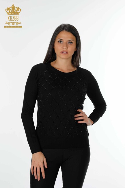 Women's Knitwear Sweater Stone Embroidered Black - 14761 | KAZEE - Thumbnail