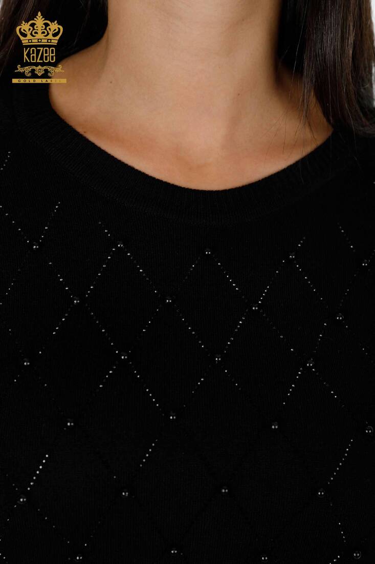 Women's Knitwear Sweater Stone Embroidered Black - 14761 | KAZEE