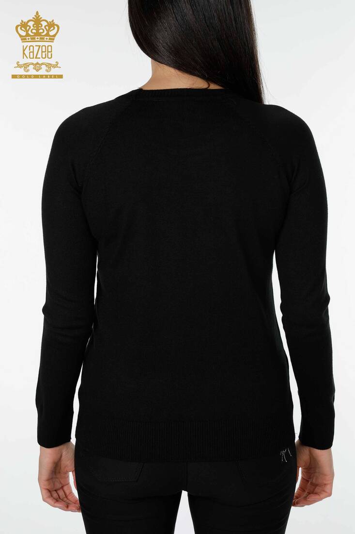 Women's Knitwear Sweater Stone Embroidered Black - 14761 | KAZEE