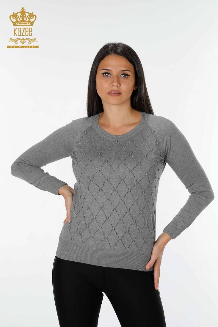Women's Knitwear Sweater Stone Embroidered Gray - 14761 | KAZEE
