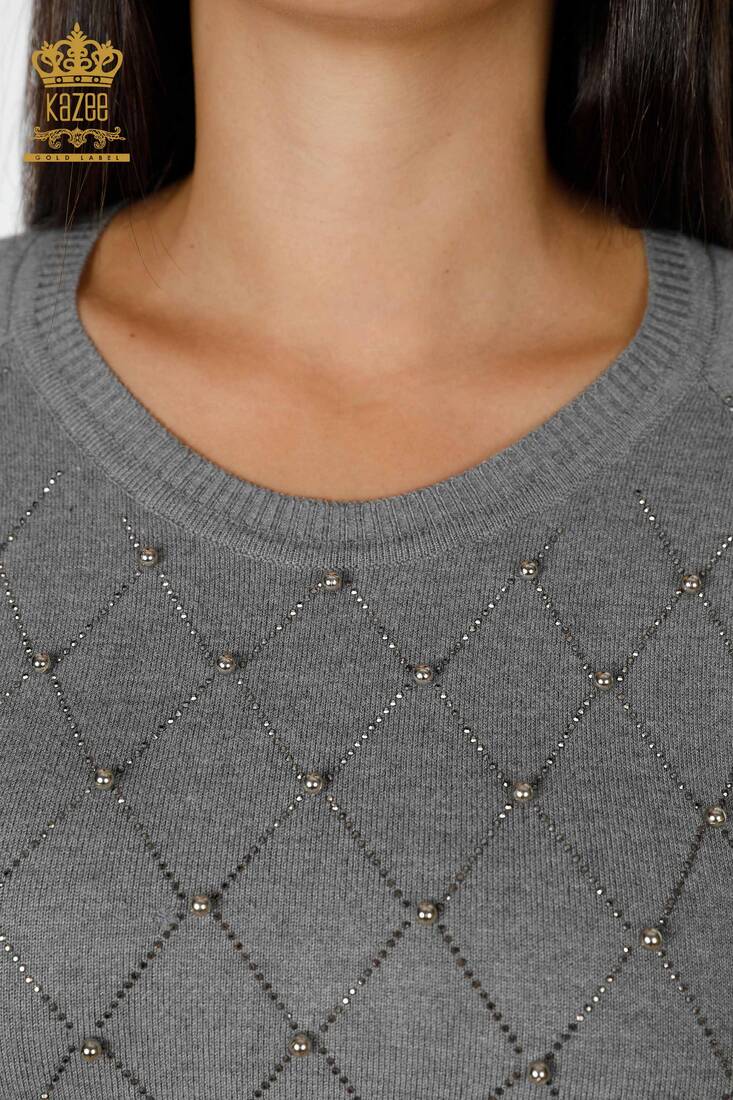 Women's Knitwear Sweater Stone Embroidered Gray - 14761 | KAZEE