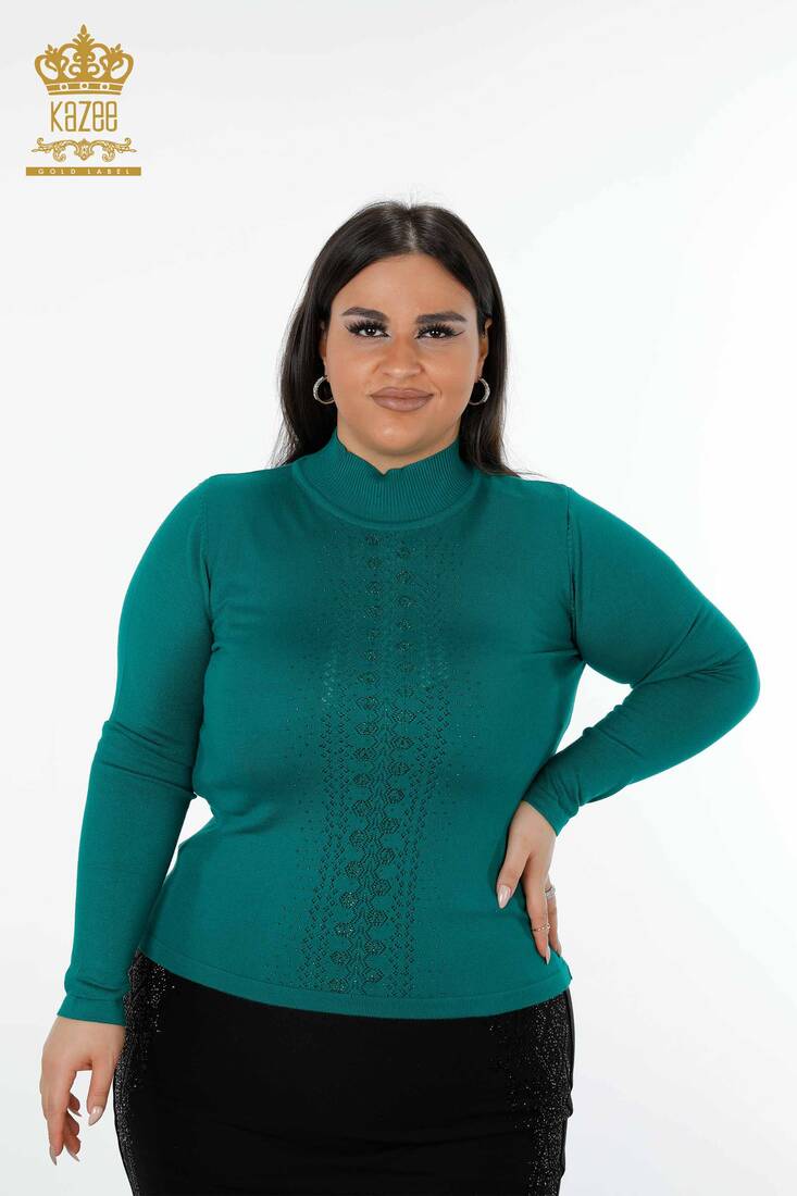 Women's Knitwear Sweater Stone Embroidered Green - 14125 | KAZEE