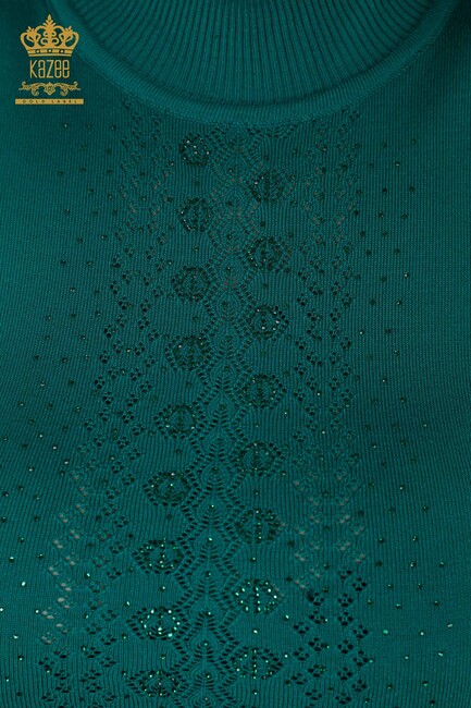 Women's Knitwear Sweater Stone Embroidered Green - 14125 | KAZEE - Thumbnail