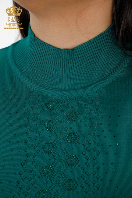 Women's Knitwear Sweater Stone Embroidered Green - 14125 | KAZEE - Thumbnail