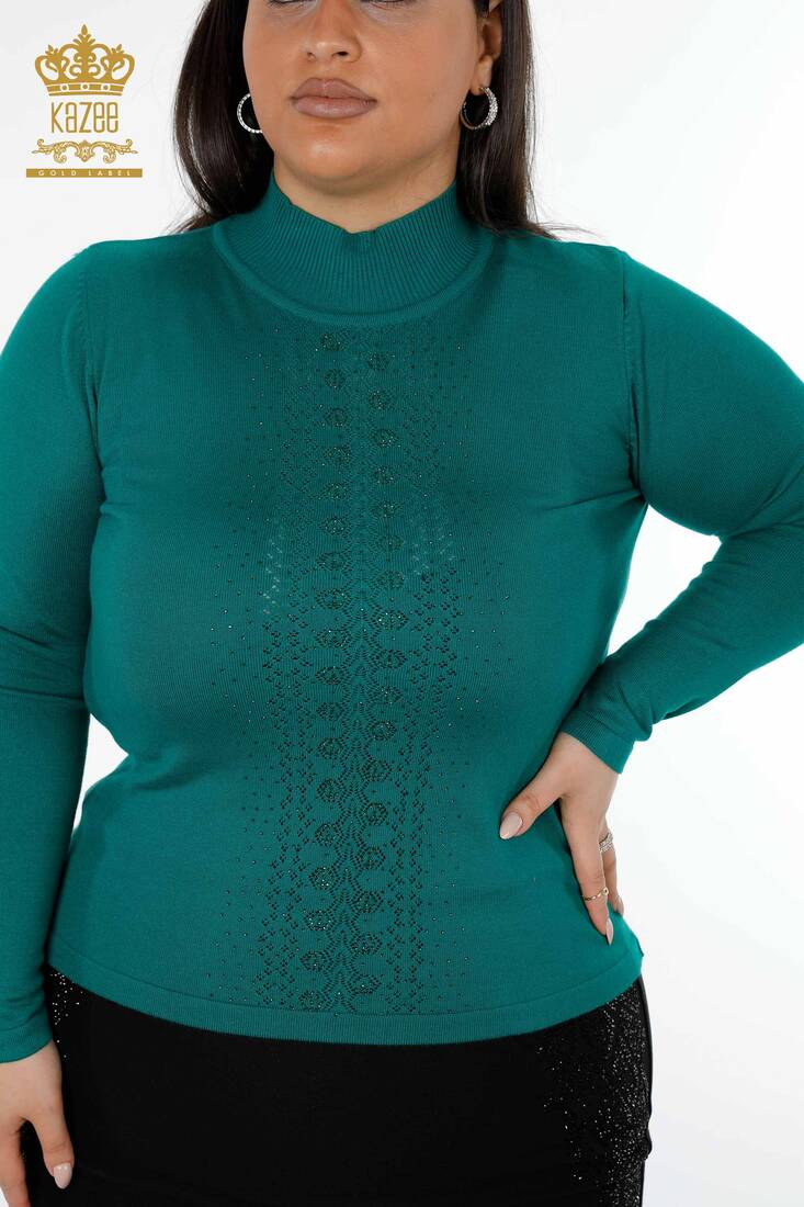 Women's Knitwear Sweater Stone Embroidered Green - 14125 | KAZEE