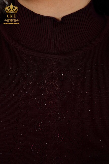 Women's Knitwear Sweater Stone Embroidered Plum - 14125 | KAZEE - Thumbnail