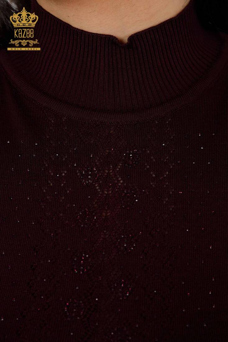 Women's Knitwear Sweater Stone Embroidered Plum - 14125 | KAZEE