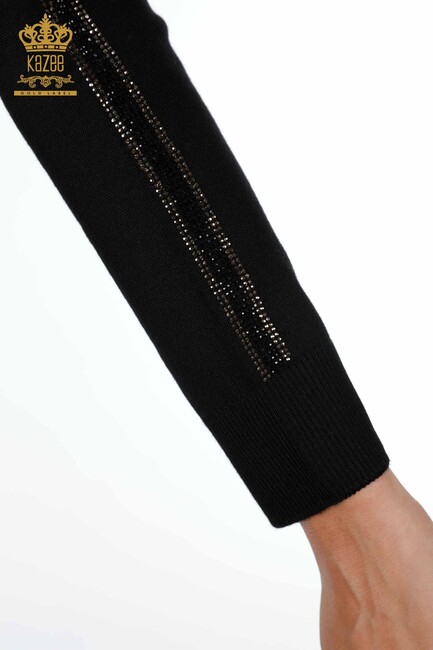 Women's Knitwear Sweater Stripe Stone Embroidered Black - 15062 | KAZEE - Thumbnail
