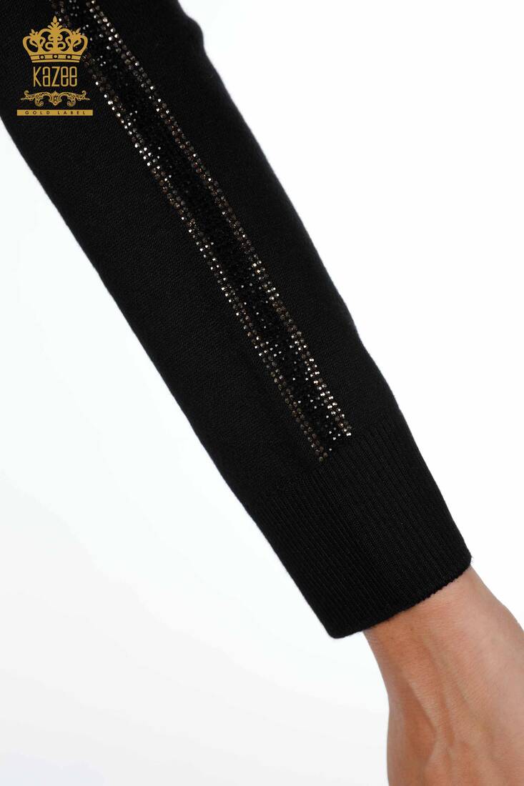 Women's Knitwear Sweater Stripe Stone Embroidered Black - 15062 | KAZEE