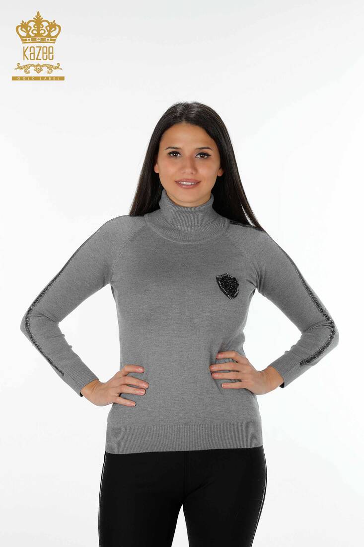 Women's Knitwear Sweater Striped Stone Embroidered Gray - 15062 | KAZEE