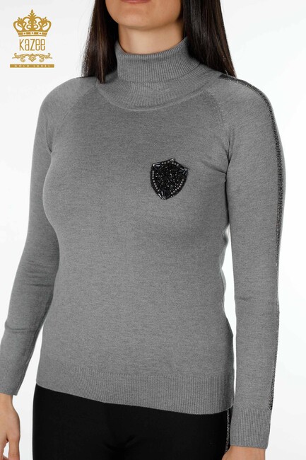 Women's Knitwear Sweater Striped Stone Embroidered Gray - 15062 | KAZEE - Thumbnail