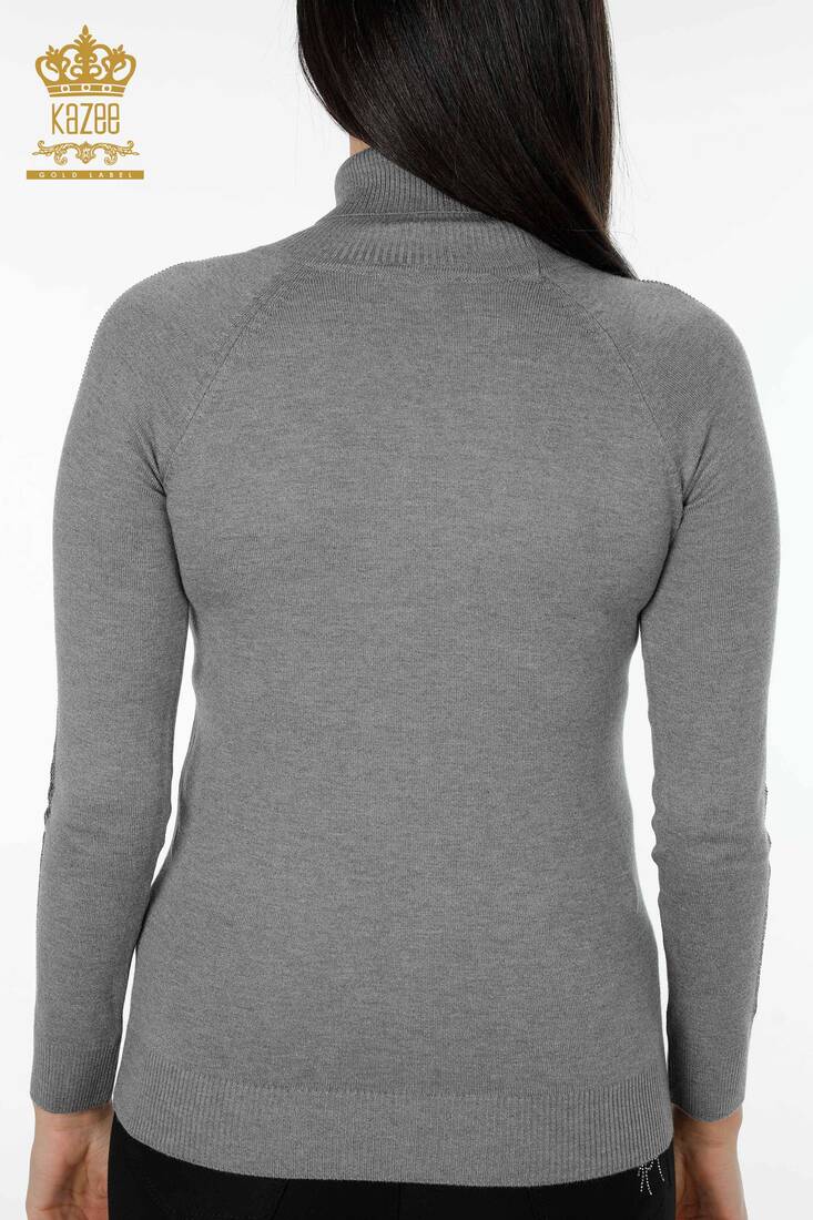 Women's Knitwear Sweater Striped Stone Embroidered Gray - 15062 | KAZEE