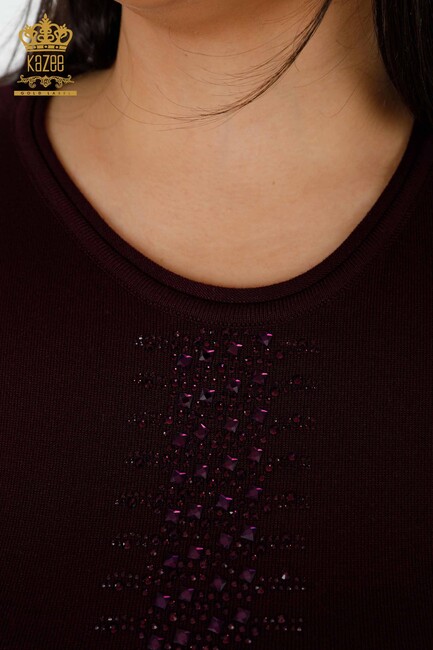 Women's Knitwear Sweater Stripe Stone Embroidered Plum - 14788 | KAZEE - Thumbnail