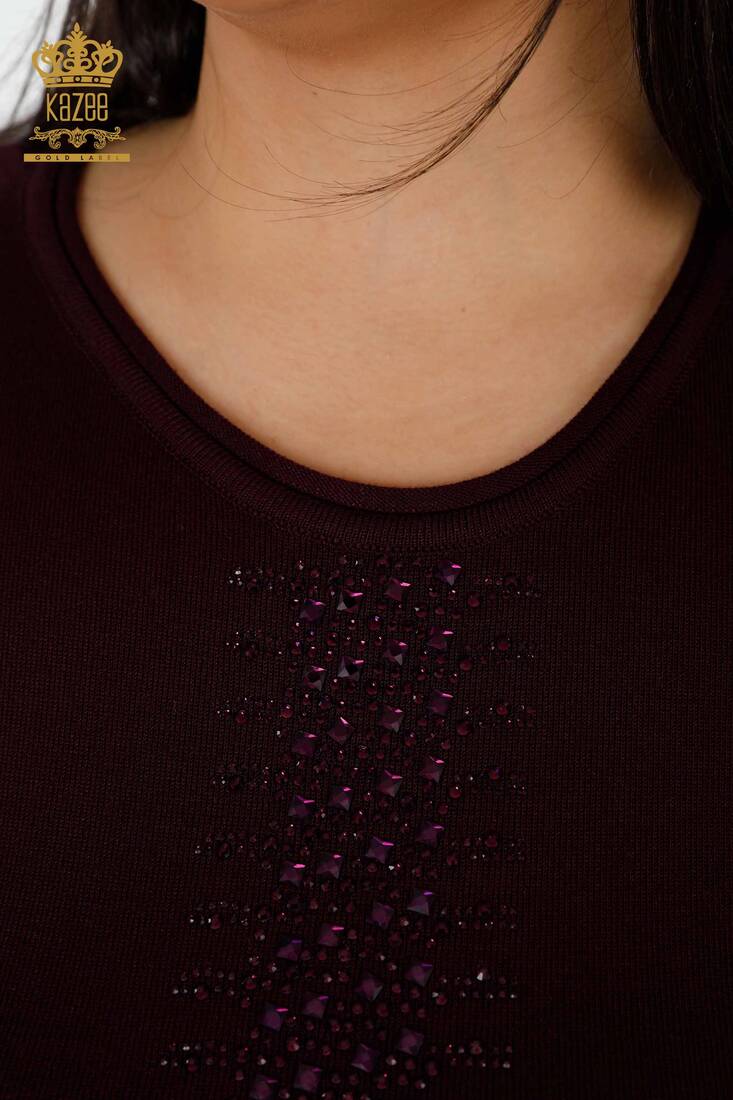 Women's Knitwear Sweater Stripe Stone Embroidered Plum - 14788 | KAZEE
