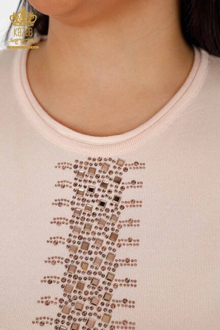Women's Knitwear Sweater Striped Stone Embroidered Powder - 14788 | KAZEE - Thumbnail