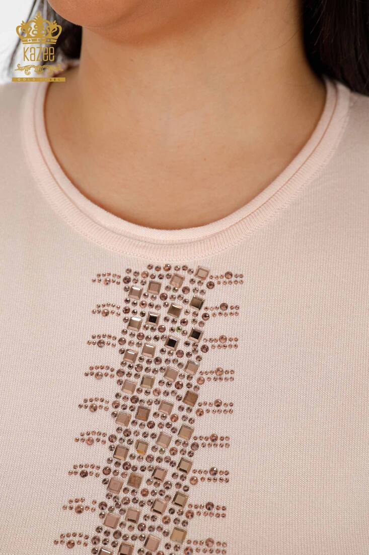 Women's Knitwear Sweater Striped Stone Embroidered Powder - 14788 | KAZEE